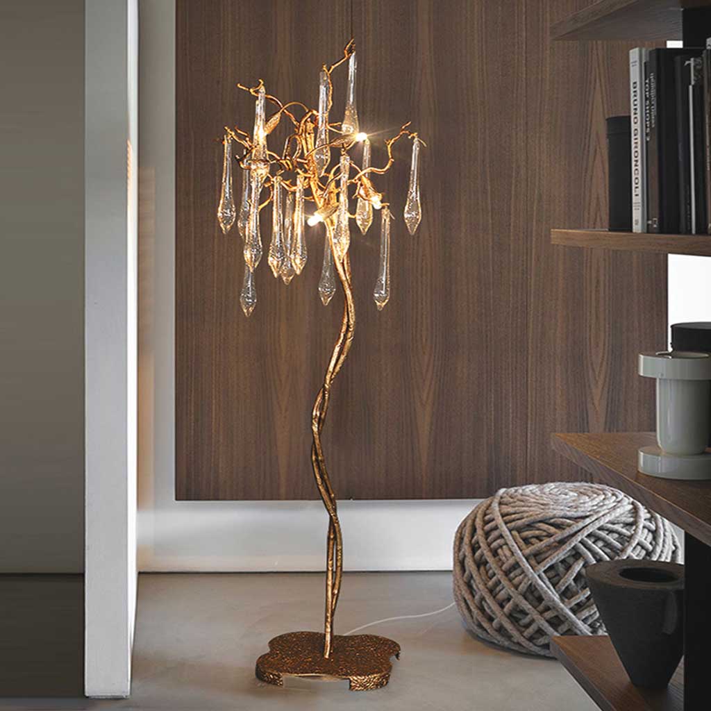 Floor Lamp Luxury Crystal Droplet Brass Branch, Gold
