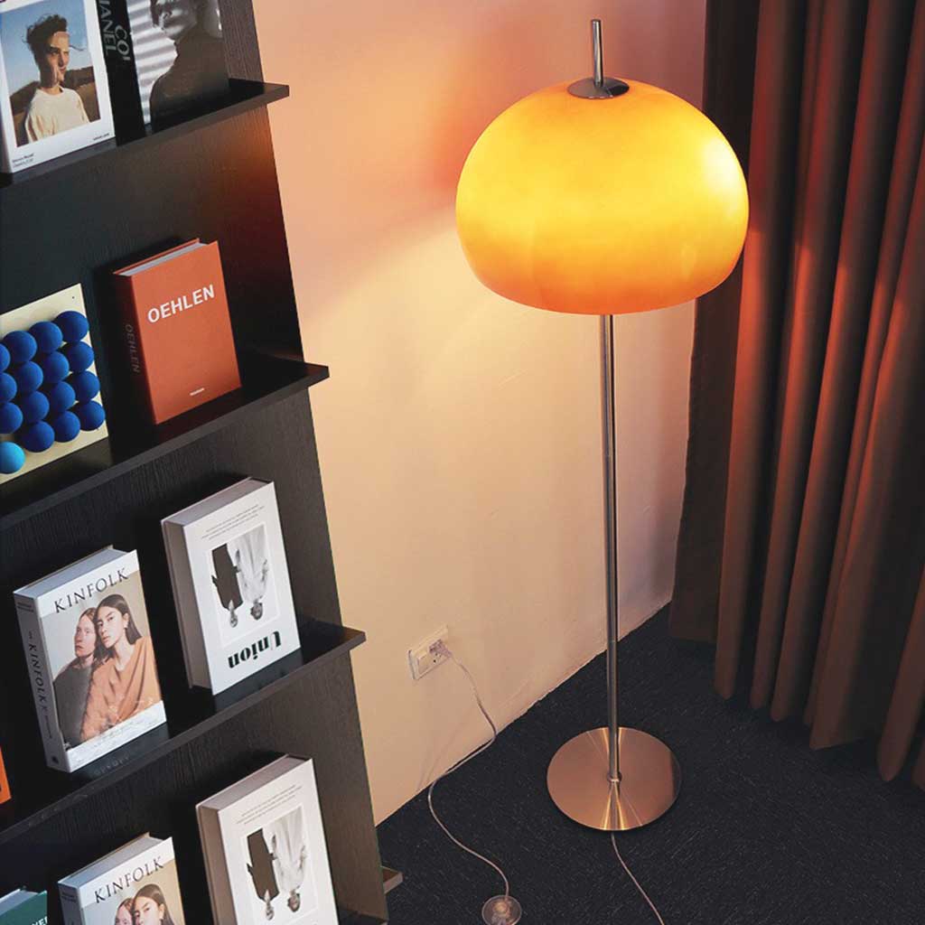 Floor Lamp Retro Bauhaus Mushroom Dome Glass, White / Orange