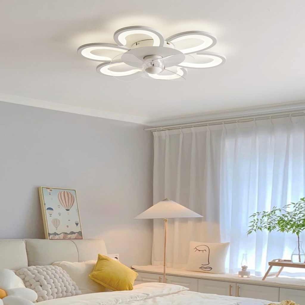 Flush Mount Ceiling Fan with LED Light, Flower/White
