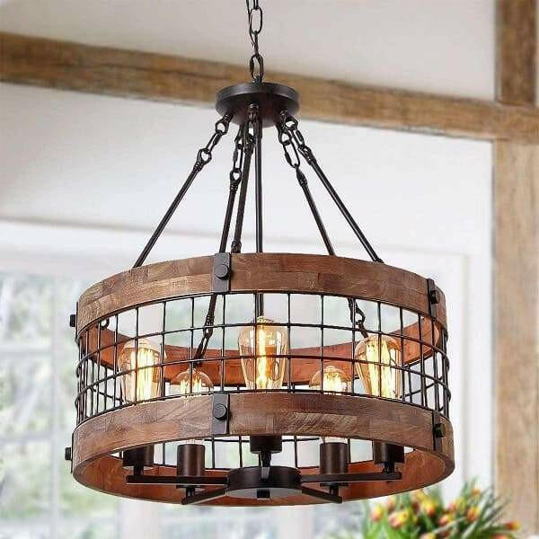 Ganeed - Round Wooden Chandelier Metal Pendant Five Lights Decorative