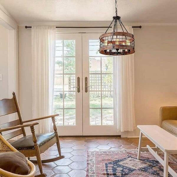 Ganeed - Round Wooden Chandelier Metal Pendant Five Lights Decorative