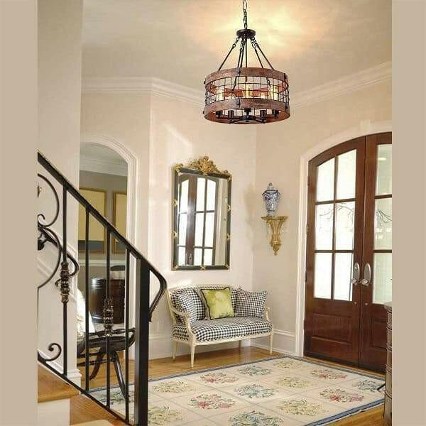 Ganeed - Round Wooden Chandelier Metal Pendant Five Lights Decorative