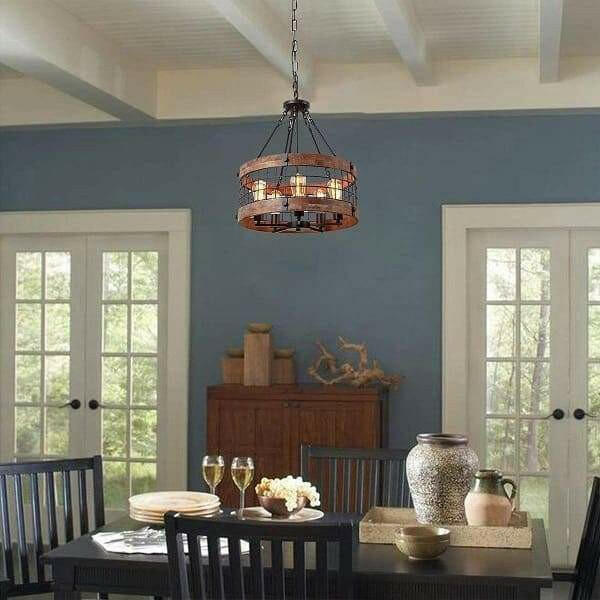 Ganeed - Round Wooden Chandelier Metal Pendant Five Lights Decorative