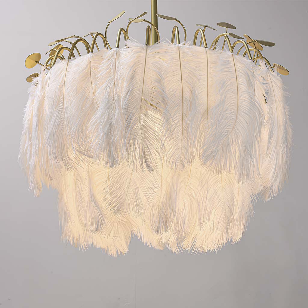 Feather Chandelier Ceiling Light Glamorous Wire Frame, White & Gold