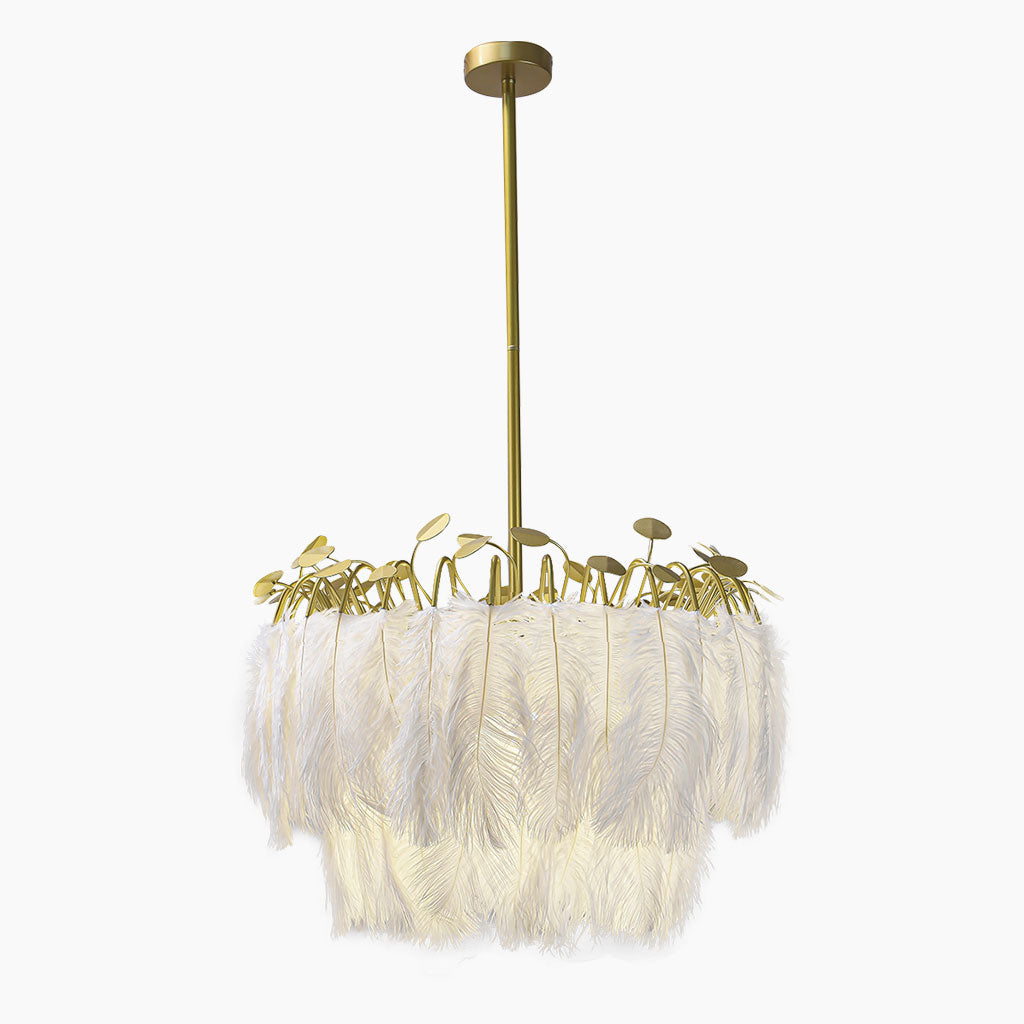 Feather Chandelier Ceiling Light Glamorous Wire Frame, White & Gold