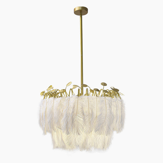 Feather Chandelier Ceiling Light Glamorous Wire Frame, White & Gold