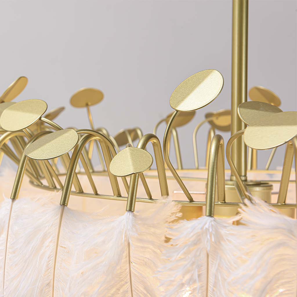 Feather Chandelier Ceiling Light Glamorous Wire Frame, White & Gold