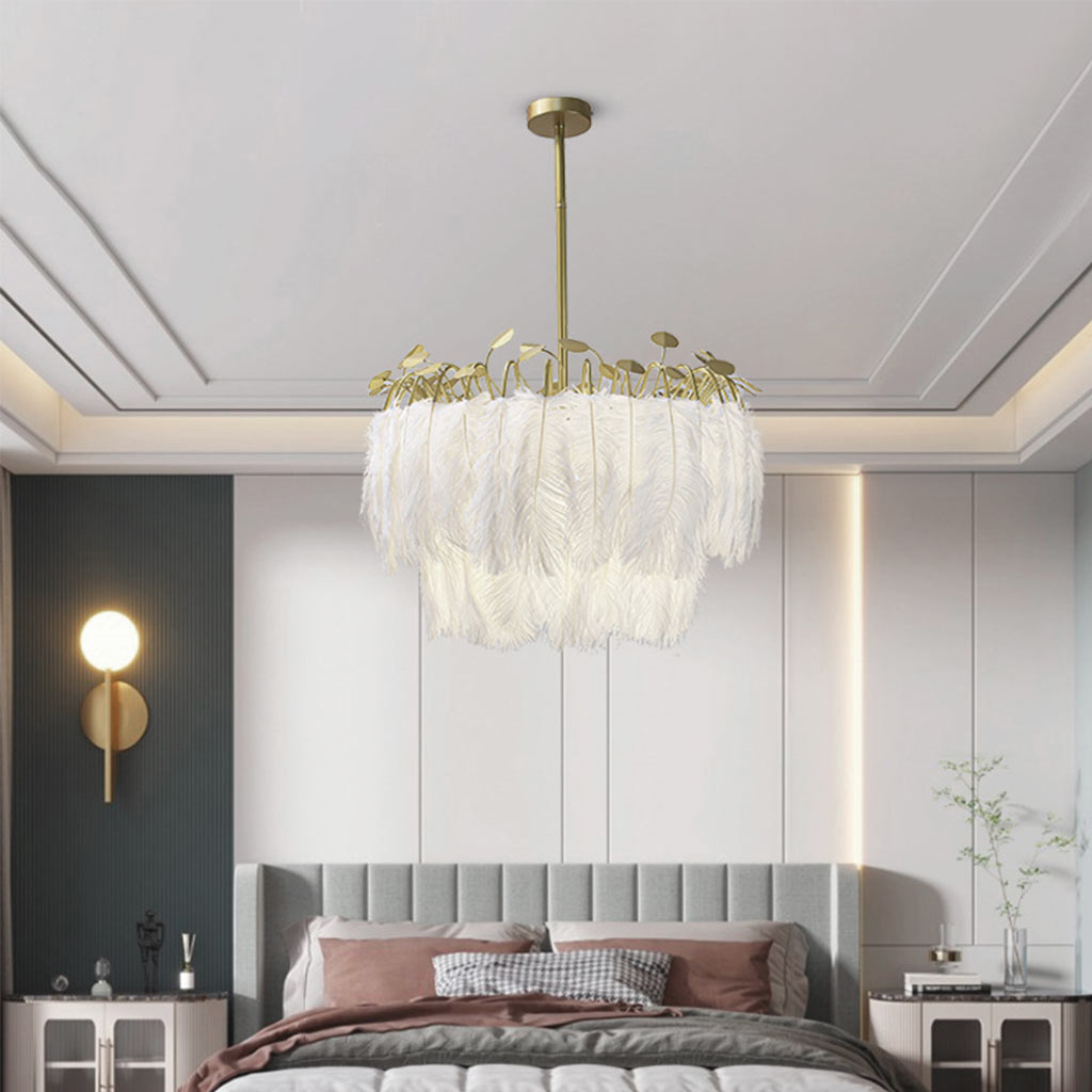 Feather Chandelier Ceiling Light Glamorous Wire Frame, White & Gold