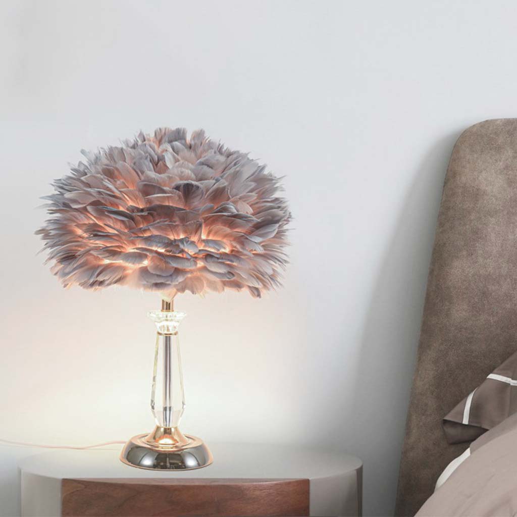Table Desk Feather Lamp Crystal Center Pillar Grey for Bedside