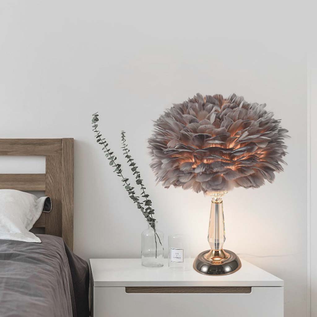 Table Desk Feather Lamp Crystal Center Pillar Grey for Bedside