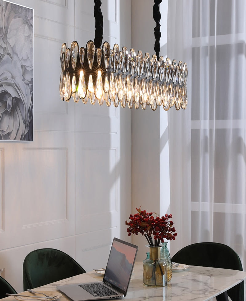YLK Modern dining room crystal chandelier luxury black kitchen island hanging lamp oval design home