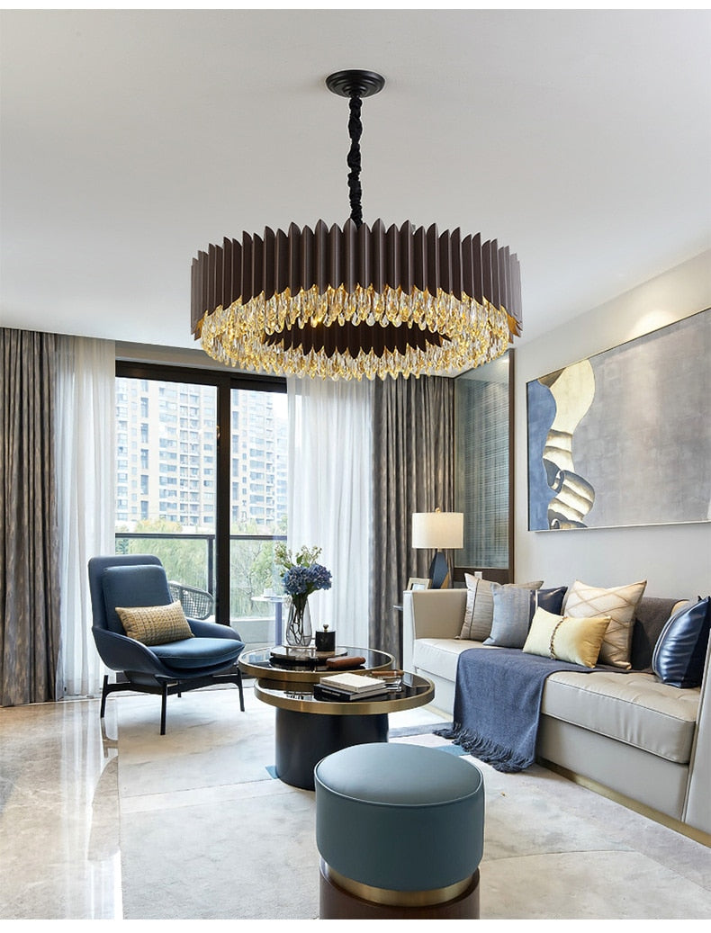 IND Modern Luxury Crystal Round Gold Black Chandelier Light