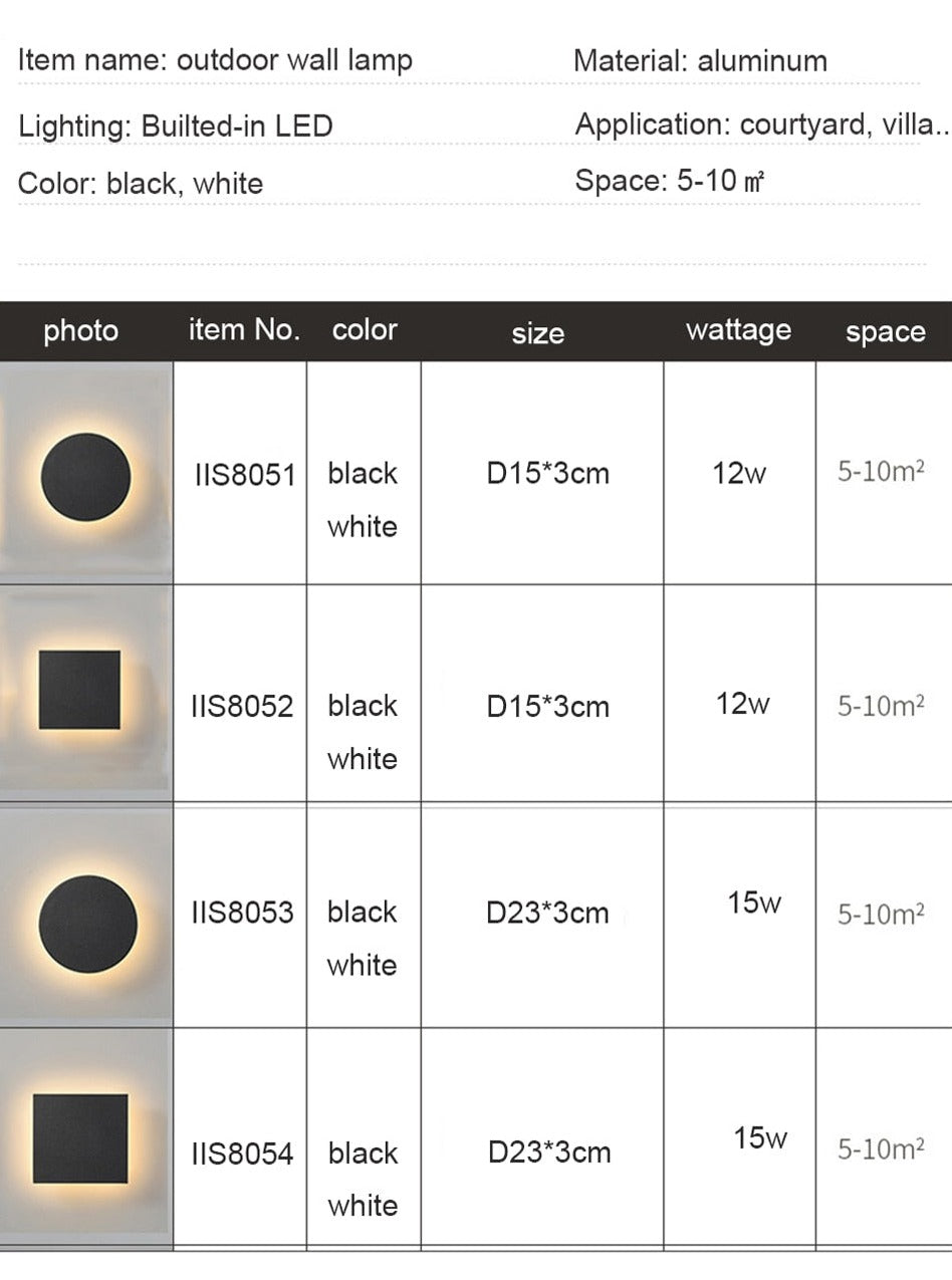 IIS Round/Square Modern IP65 Waterproof outdoor LED wall lamp