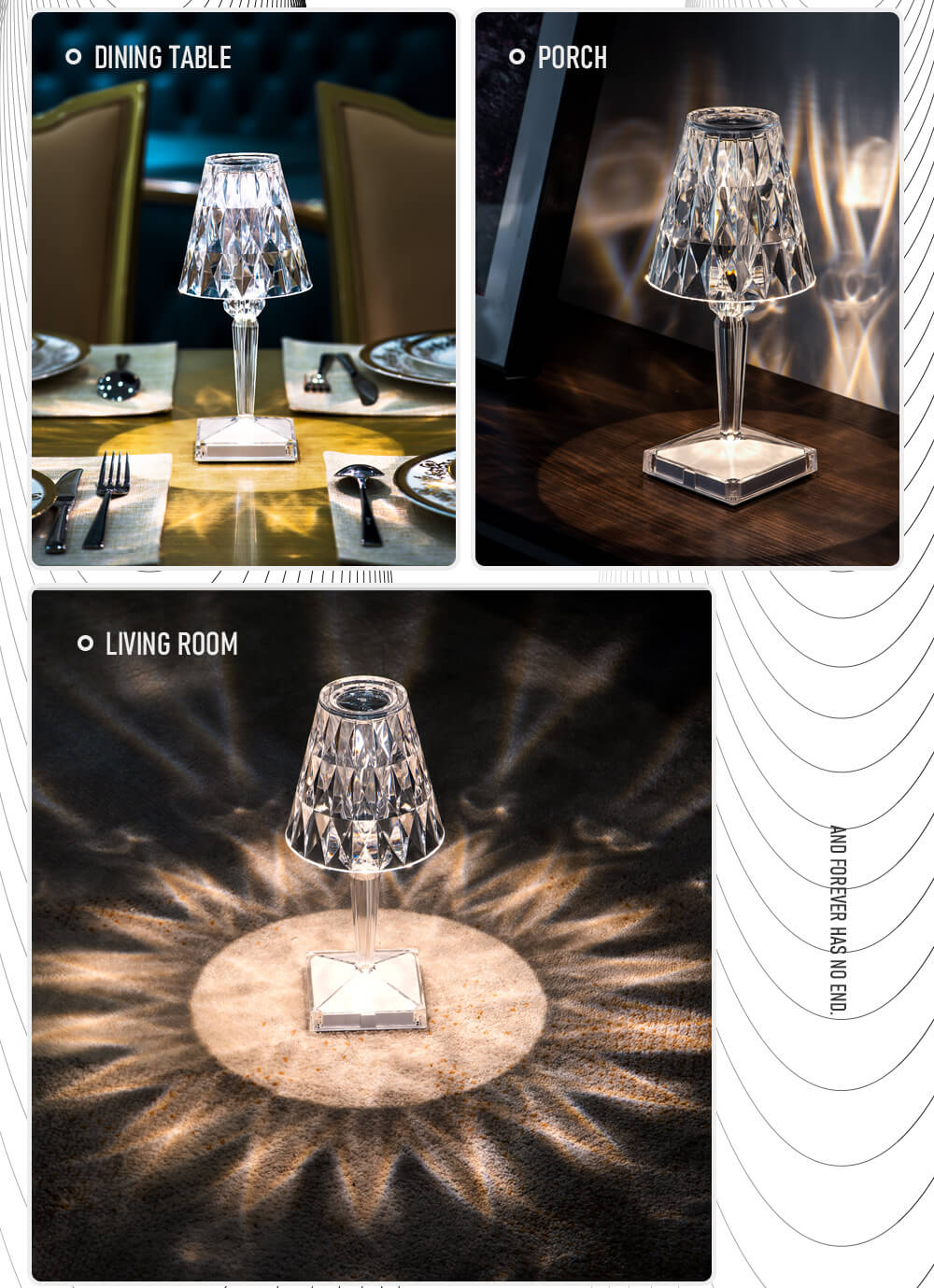 PQ LED Diamond Crystal Projection Night Lights USB Charging Touch Control