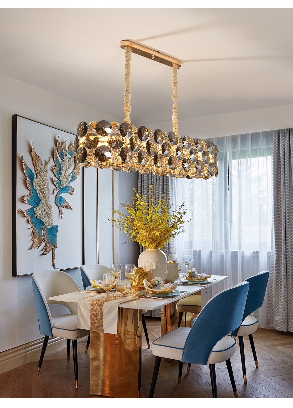 YLK Luxury Dining Room Crystal Chandelier Gold Oval Design Kitchen Island Hanging Light