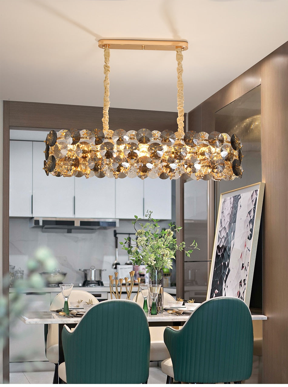 YLK Luxury Dining Room Crystal Chandelier Gold Oval Design Kitchen Island Hanging Light
