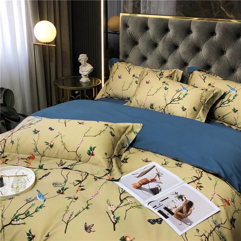 Flowers & Birds Print Egyptian Cotton Duvet Cover Set