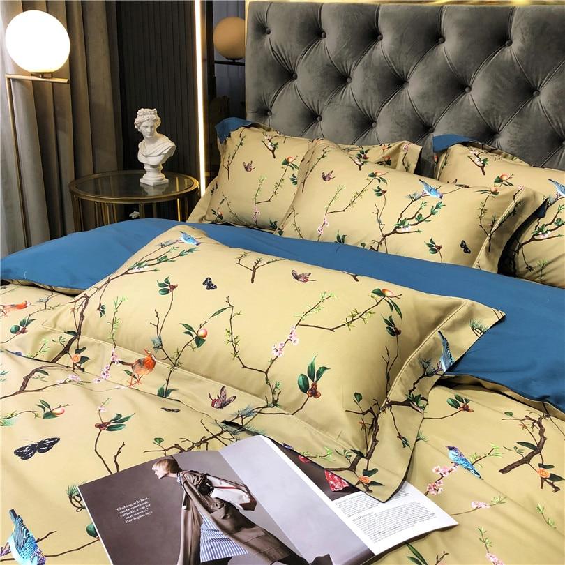 Flowers & Birds Print Egyptian Cotton Duvet Cover Set