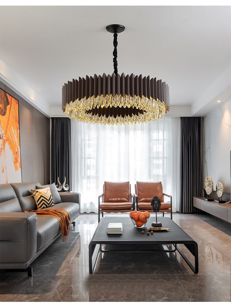 IND Modern Luxury Crystal Round Gold Black Chandelier Light