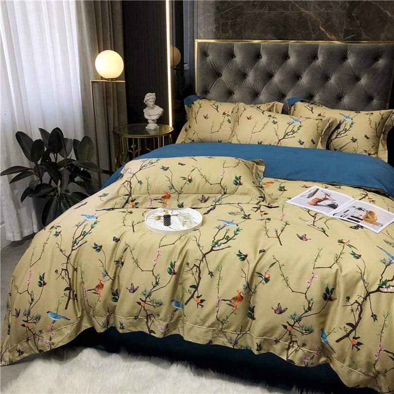 Flowers & Birds Print Egyptian Cotton Duvet Cover Set