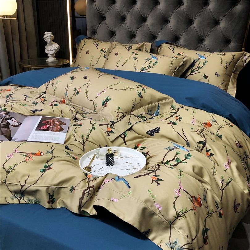 Flowers & Birds Print Egyptian Cotton Duvet Cover Set