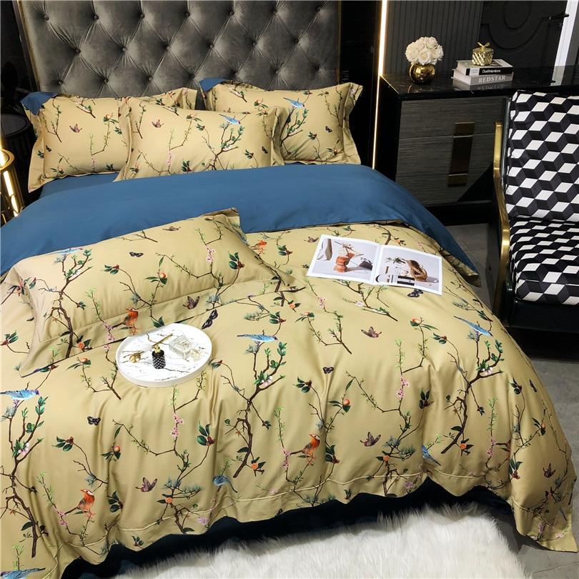 Flowers & Birds Print Egyptian Cotton Duvet Cover Set