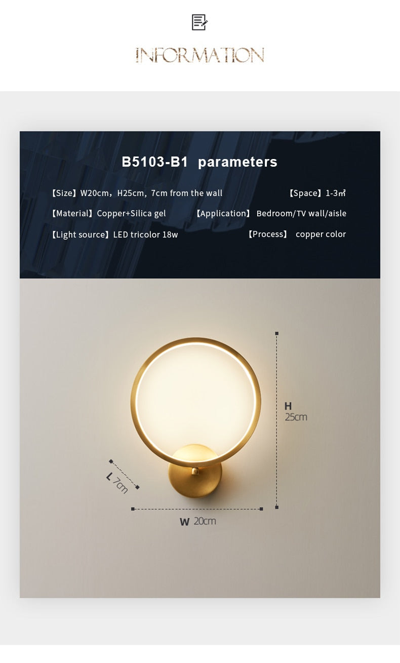 JM Nordic Wall Lamp Indoor Copper LED Bedside Light Decorative