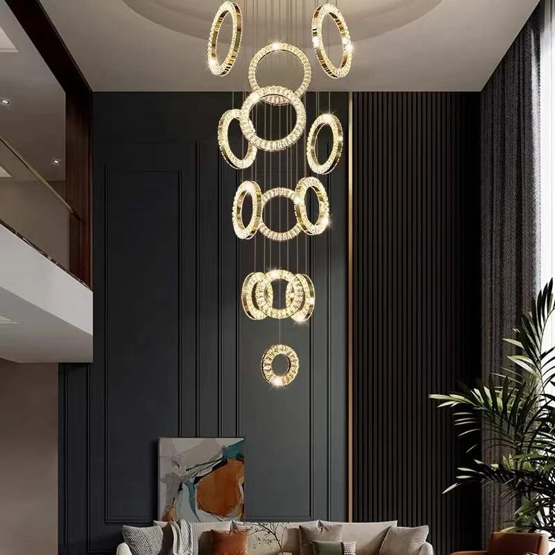 YLK Ring Design modern crystal chandelier for staircase long villa hall hanging