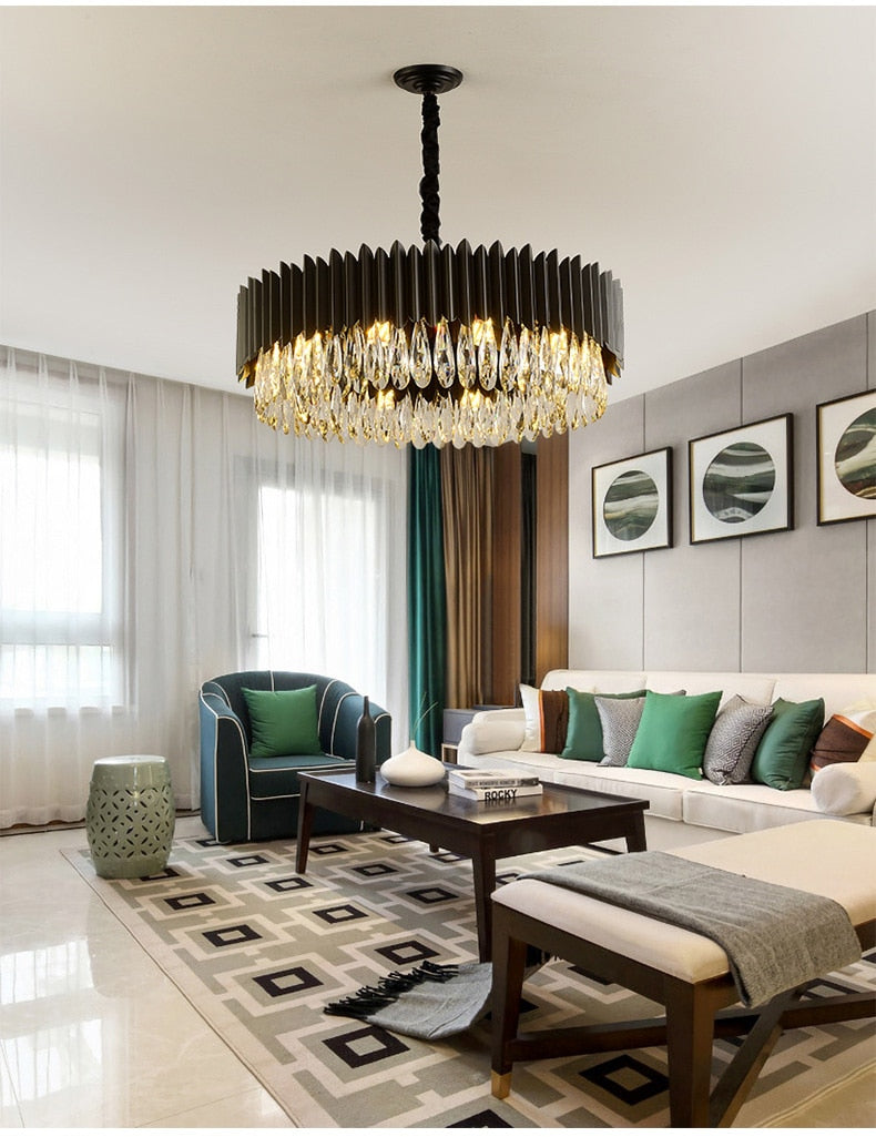 IND Modern Luxury Crystal Round Gold Black Chandelier Light