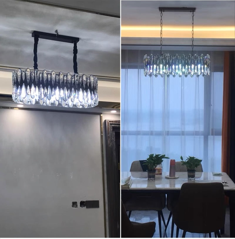 YLK Modern dining room crystal chandelier luxury black kitchen island hanging lamp oval design home