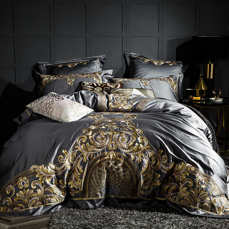 Lezkira Vibrant Grey Luxury Egyptian Cotton Embroidery Bedding Set