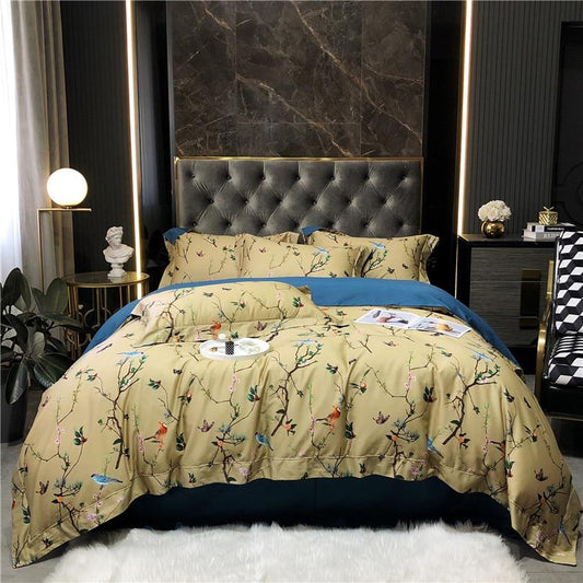 Flowers & Birds Print Egyptian Cotton Duvet Cover Set