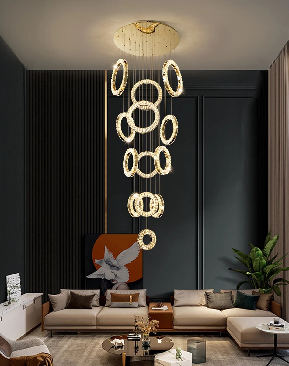YLK Ring Design modern crystal chandelier for staircase long villa hall hanging