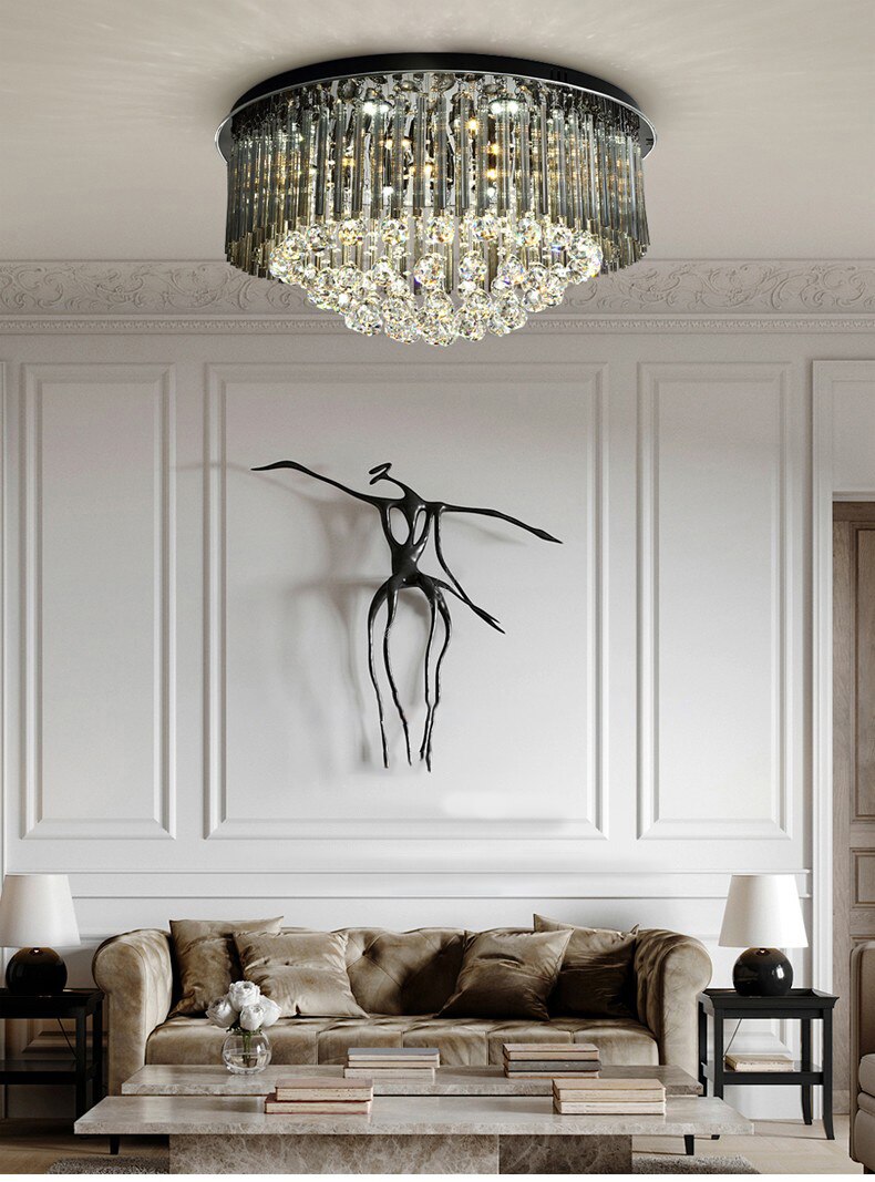 YLK Modern Ceiling Chandelier For Living Room Luxury Black LED Crystal Lamp
