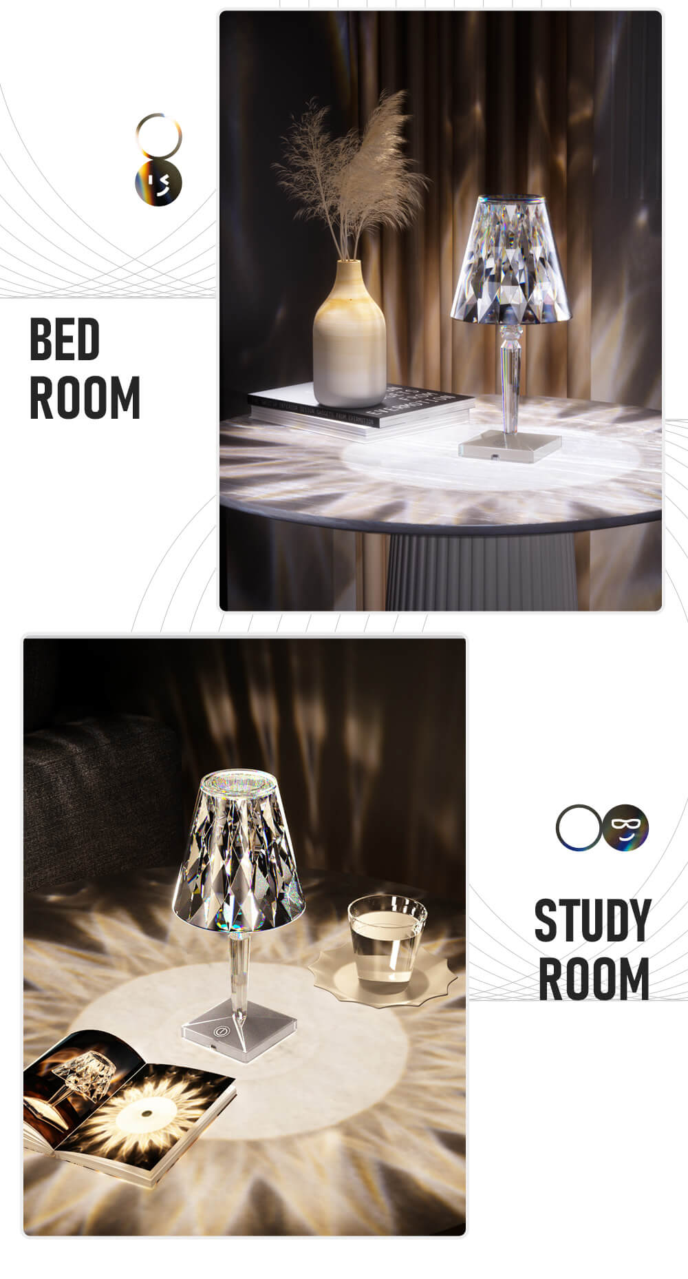 PQ LED Diamond Crystal Projection Night Lights USB Charging Touch Control