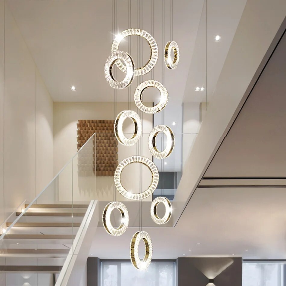 YLK Ring Design modern crystal chandelier for staircase long villa hall hanging