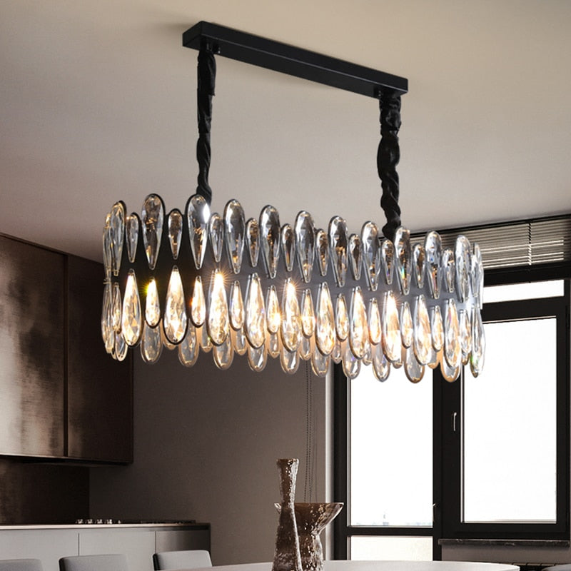YLK Modern dining room crystal chandelier luxury black kitchen island hanging lamp oval design home