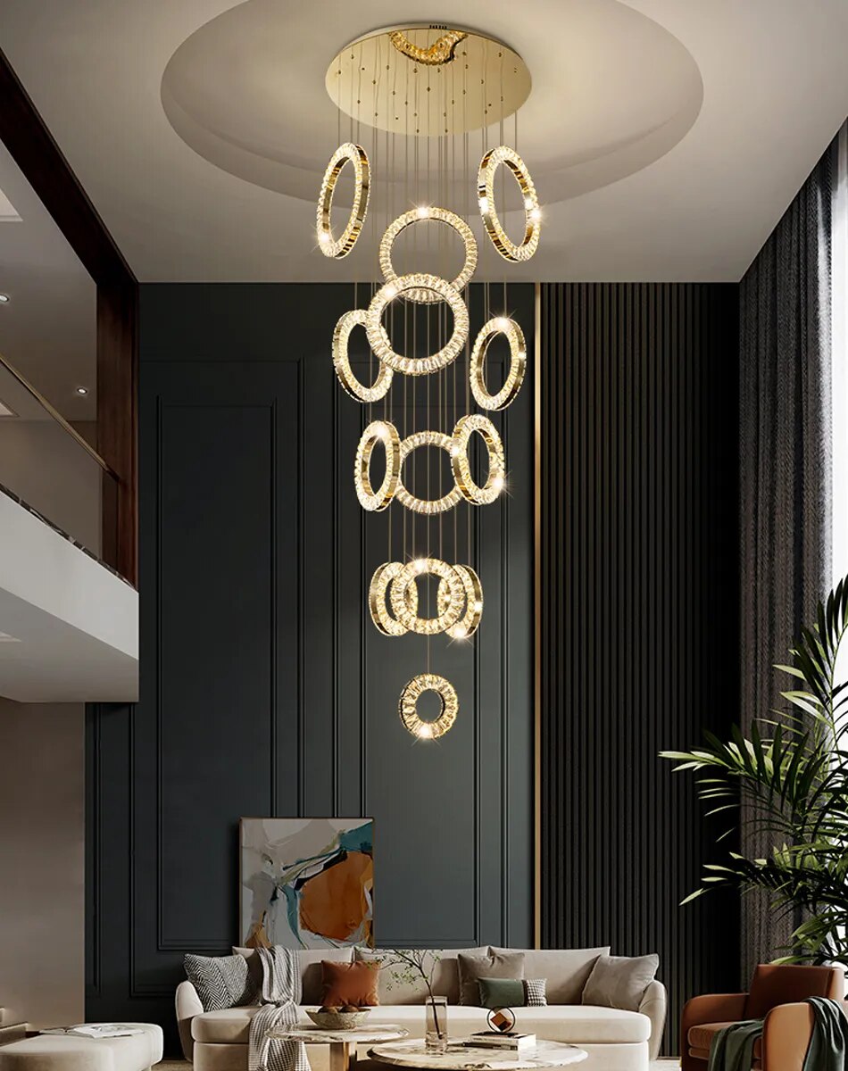 YLK Ring Design modern crystal chandelier for staircase long villa hall hanging