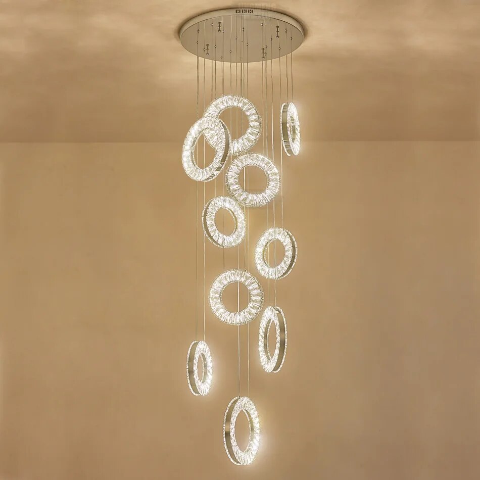 YLK Ring Design modern crystal chandelier for staircase long villa hall hanging