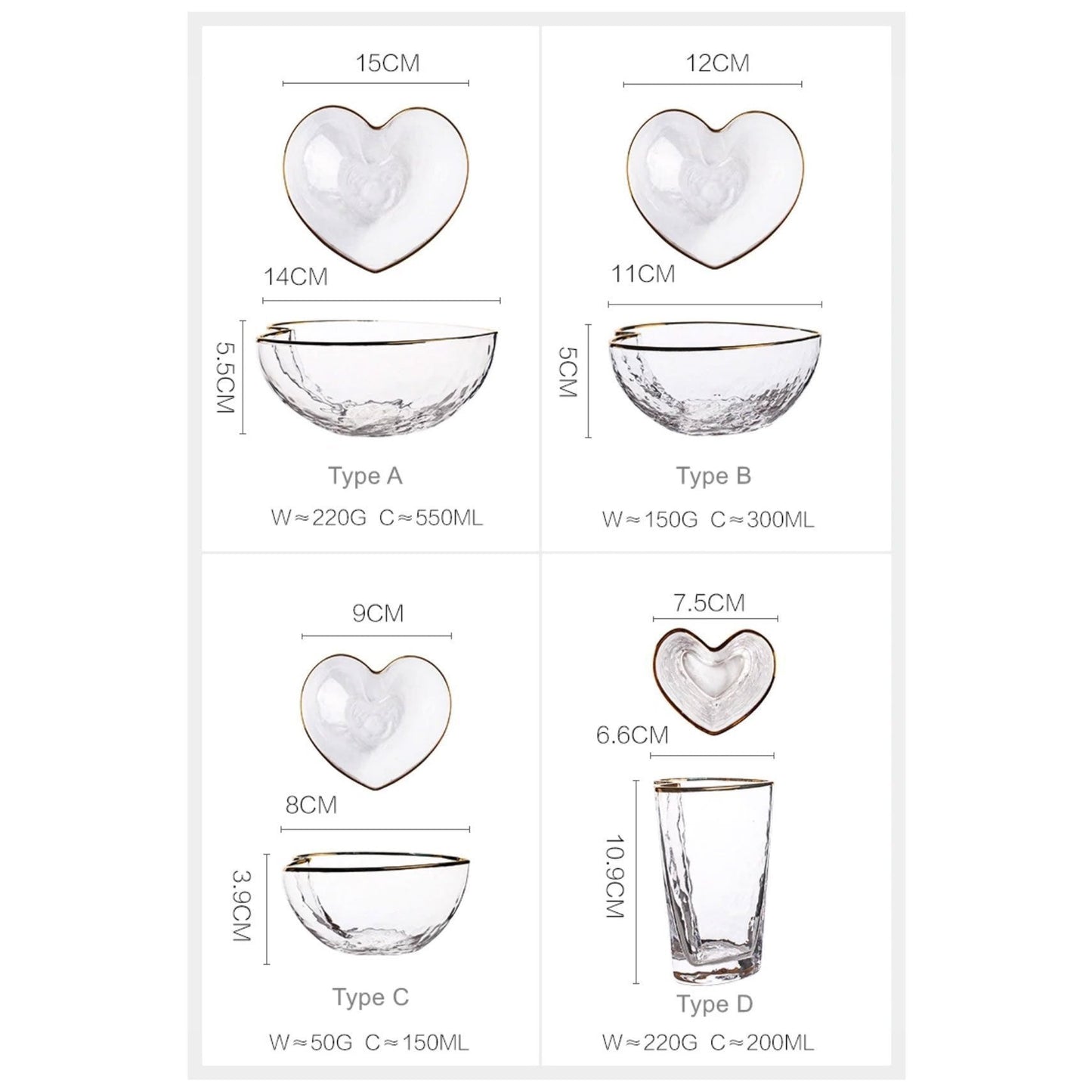 Heart Glass Tableware with Gold Rim - Nordic Side - 