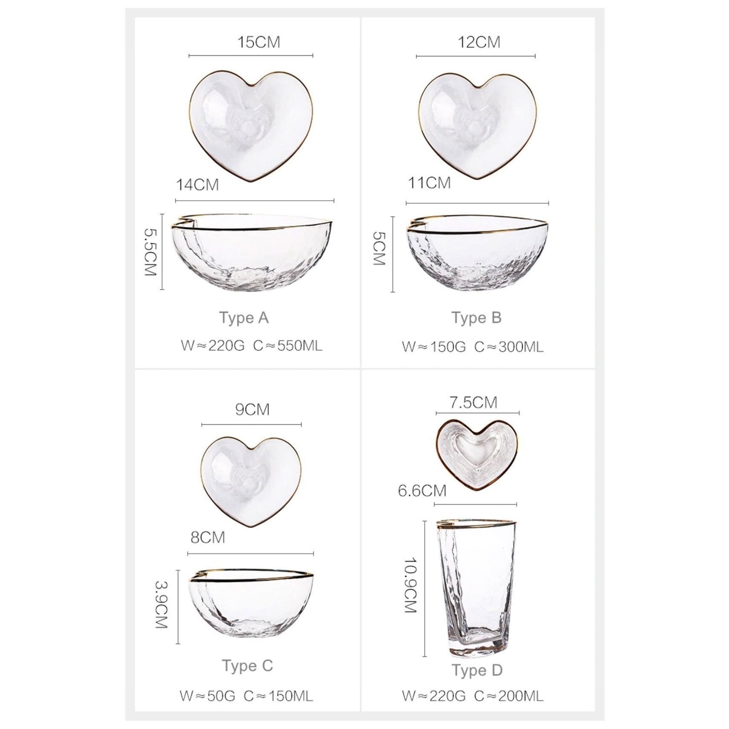Heart Glass Tableware with Gold Rim - Nordic Side - 