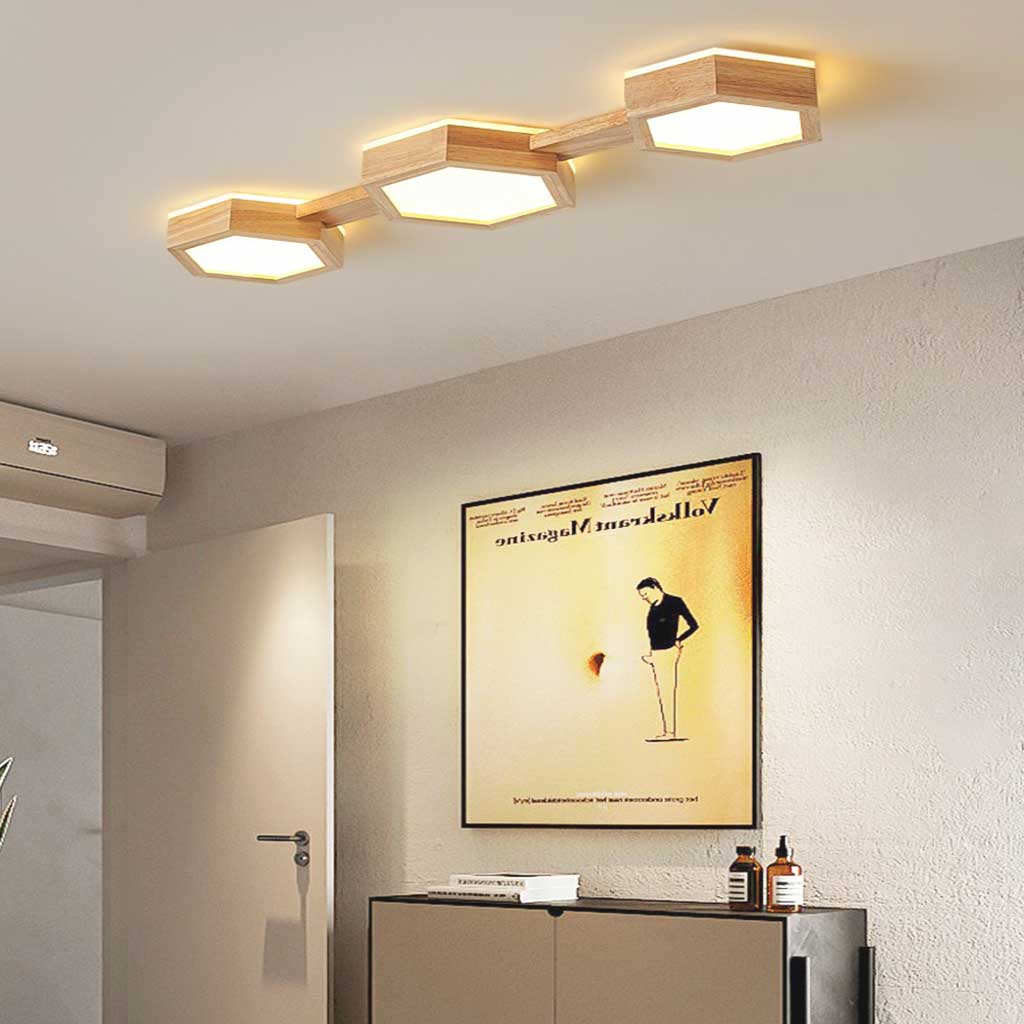 Ceiling Light Flush Mount Modern Hexagon Japanese Style, Wood & Acrylic