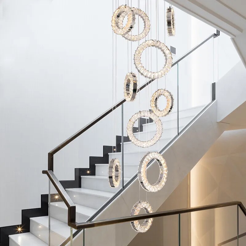 YLK Ring Design modern crystal chandelier for staircase long villa hall hanging