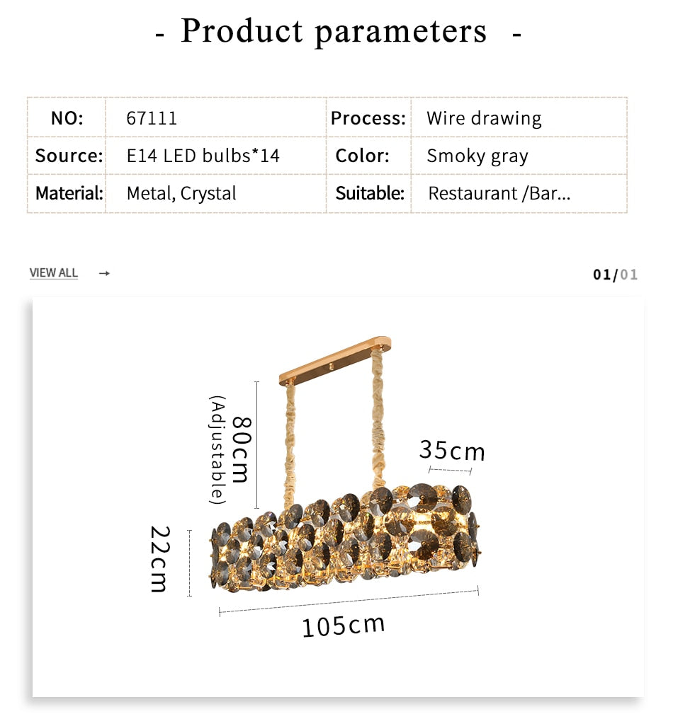 YLK Luxury Dining Room Crystal Chandelier Gold Oval Design Kitchen Island Hanging Light