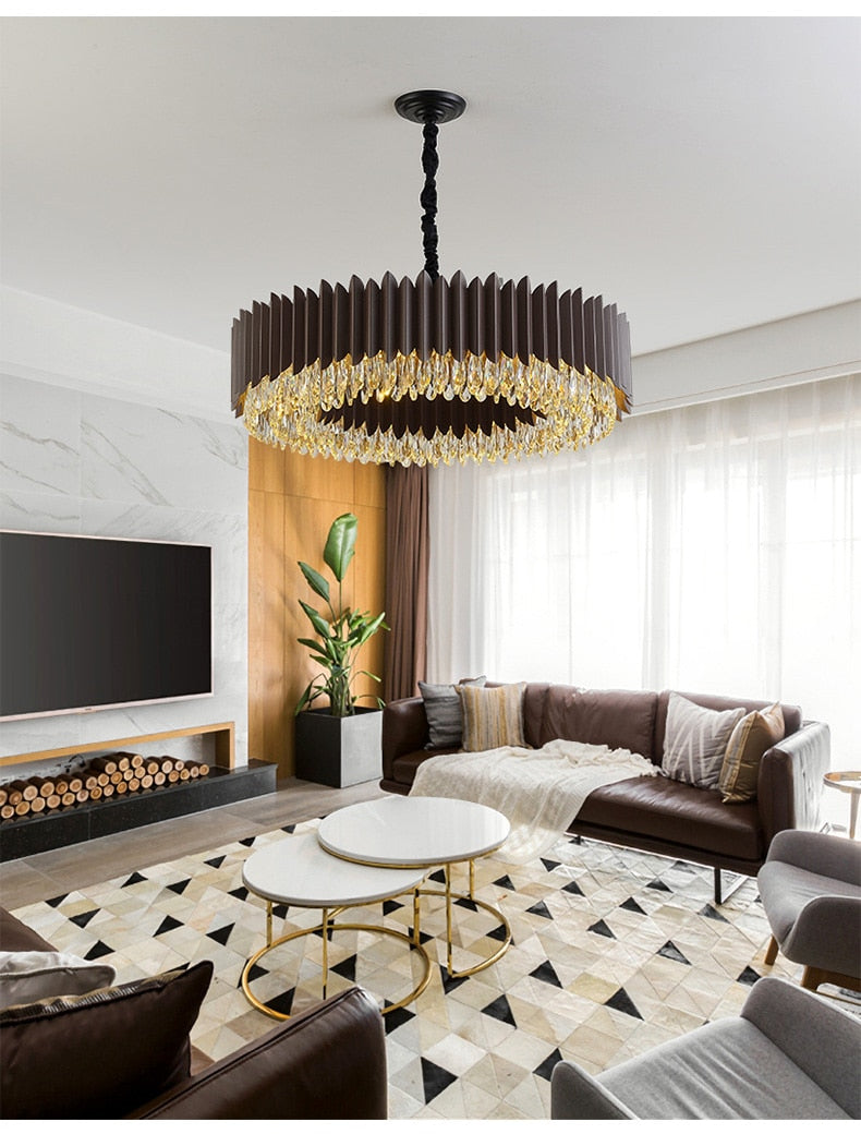 IND Modern Luxury Crystal Round Gold Black Chandelier Light
