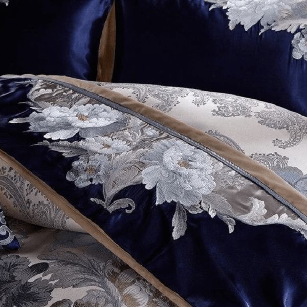 Impero Blue Silver Silk Cotton Jacquard Luxury Chinese Duvet Cover Set