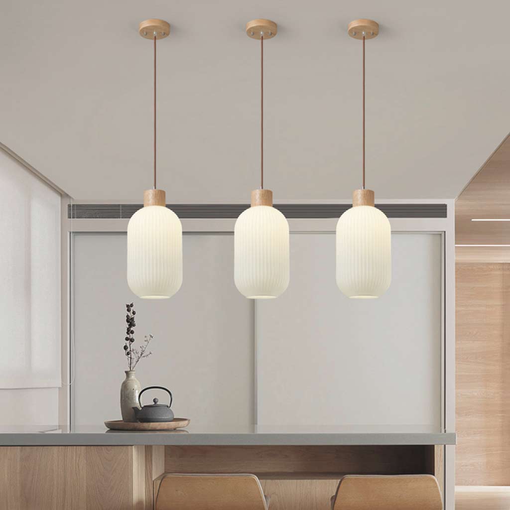 Pendant Hanging Light Japanese Elegant for Dining Room, Wood & Glass