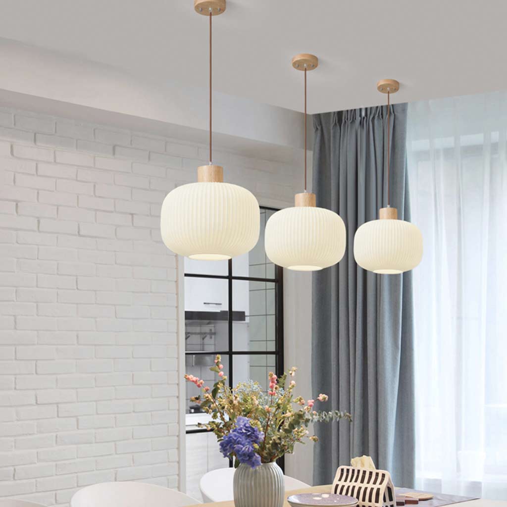 Pendant Hanging Light Japanese Elegant for Dining Room, Wood & Glass