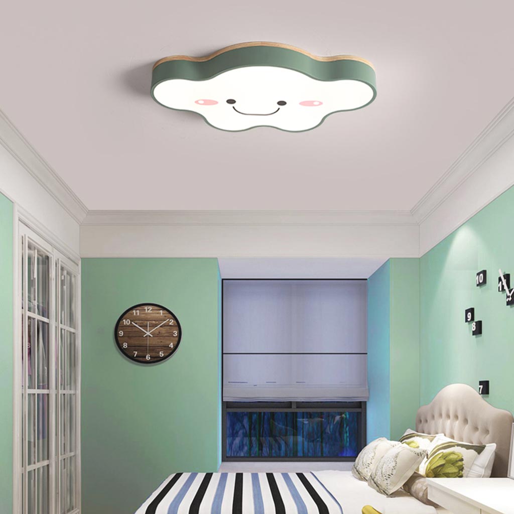 Flush Mount Ceiling Light Macaron Smile Cloud for Kids Girls Room, Wood Iron
