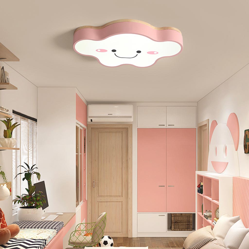 Flush Mount Ceiling Light Macaron Smile Cloud for Kids Girls Room, Wood Iron